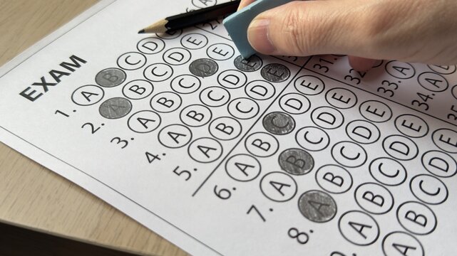 Hand erasing wrong answer on multiple choice exam sheet. Concept of correction, testing, education, mistake, and academic evaluation