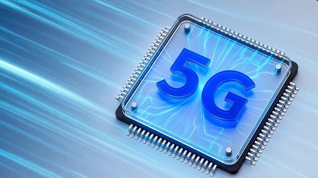5G chip with blue text on transparent surface