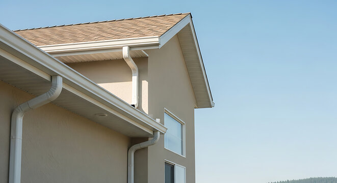 Modern Residential Roof Exterior with White Seamless Gutters and Downspouts on a Beige Stucco House Concept for Professional Roofing Drainage Systems and Home