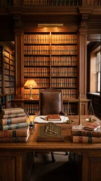 Elegant judicial workspace classic library desk setup wood environment professional viewpoint classic judiciary workspa concept
