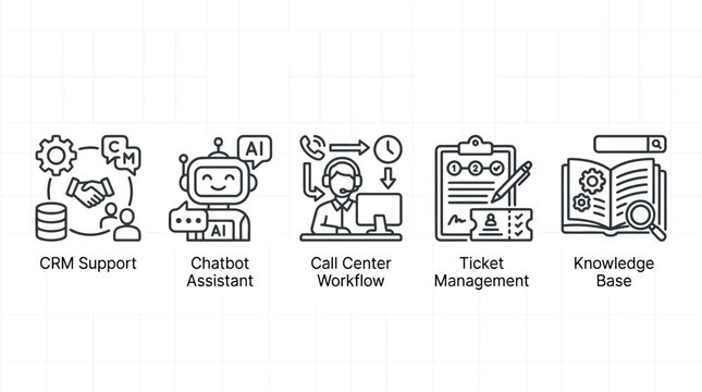 Customer assistance icons featuring crm support and chatbot assistant with call center workflow plus ticket management and knowledge base library for seamless digital communication and online service.