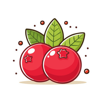 Vibrant illustration of two bright red cranberries with green leaves and scattered dots