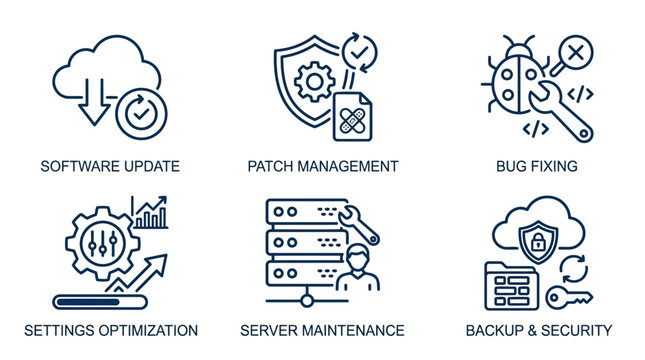 Set of 6 it maintenance service line icons including software update patch management bug fixing settings optimization server maintenance and backup and security.