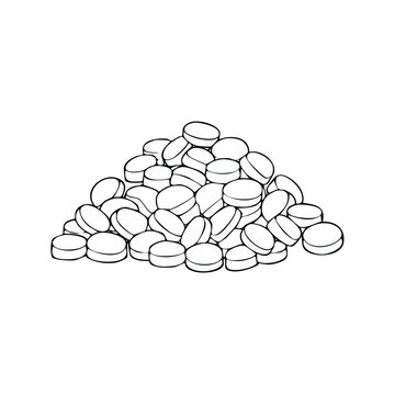 Pile of Round White Tablets Hand Drawn Illustration Medical Healthcare Concept