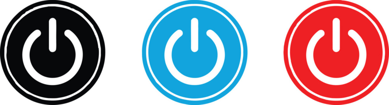 Set of three power button icons in black blue and red Vector