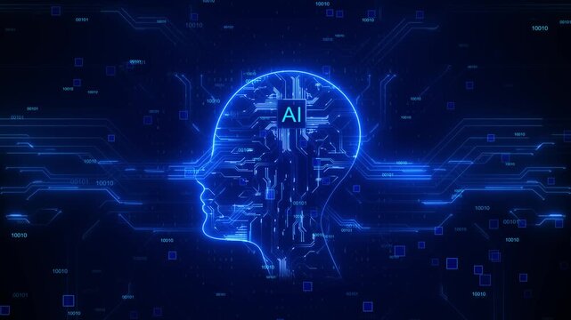 Artificial intelligence head silhouette digital circuits data flow futuristic technology, machine learning, innovation blue background. tech videos, presentations, AI concepts, digital visuals.