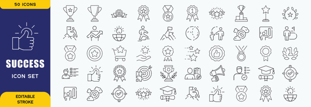 Success editable stroke outline web icons set. Success, achievement, successful, strategy, winner, teamwork, goal, brainstorm, challenge and task. Vector illustration
