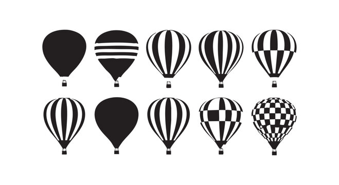 Hot air balloons vector silhouettes collection isolated on white background, various patterns and shapes.