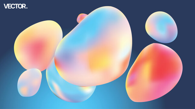 Colorful Abstract Fluid Blobs with Gradient Bubbles Featured on a Blue Background
