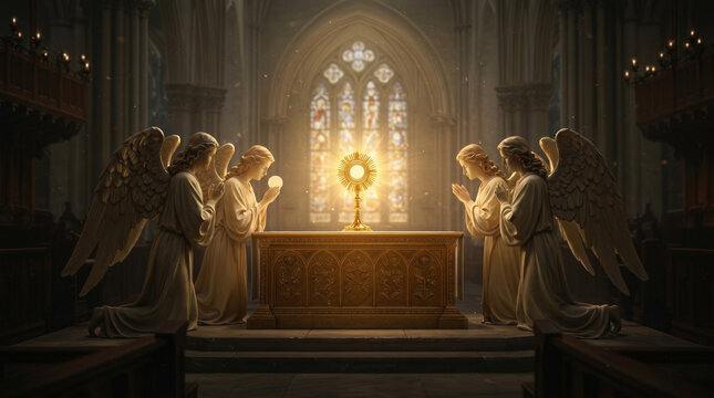 Heavenly scene of angels adoring the Eucharist on a glowing altar, in a soft and ethereal digital art style