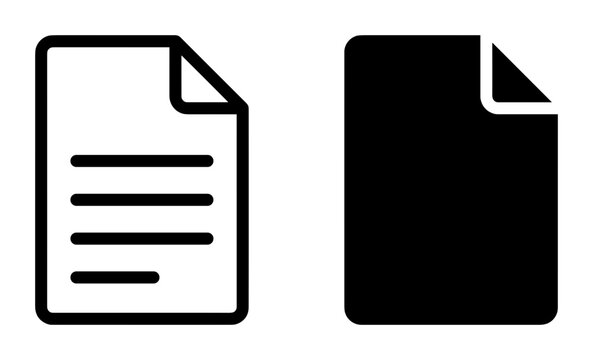 2 Document icon set paper sheets with folded corner, outline and solid style, for UI and web interface design