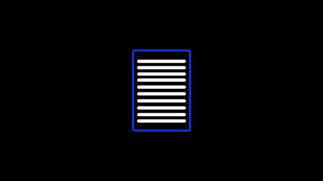 Document animation with blue neon outline. Document digital text and record file. Document technology interface graphic on black background.