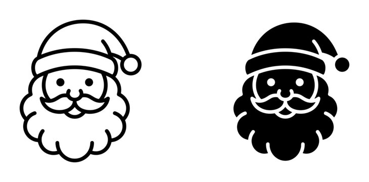 2 Santa Claus icon set head with beard hat, outline and silhouette, for Christmas holiday celebration