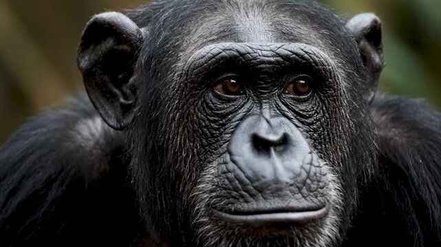 Close-up of a chimpanzee, focused on face, shows detailed wrinkles and fur