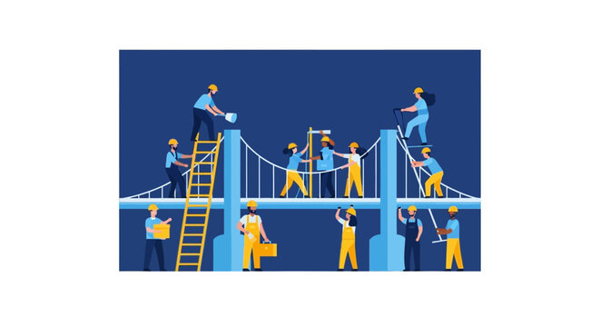 People building suspension bridge.