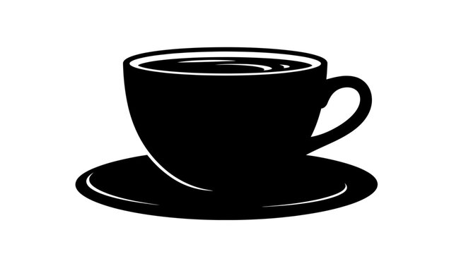 Minimalist black coffee cup and saucer vector icon on white background