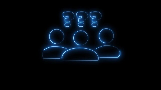 Person icon animation with blue question marks. Person icon team help and support. Person icon digital interface graphic on black background.