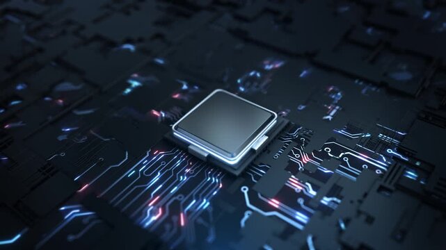 Advanced Microprocessor chip Connecting hardware AI Chip circuit board Connection Motherboard Activates entire System. AI Letters on Chip Glowing. Energy Pulse Expanding after CPU Connected to Socket.