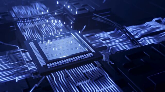 Microchip, circuit board, blue neon, technology background