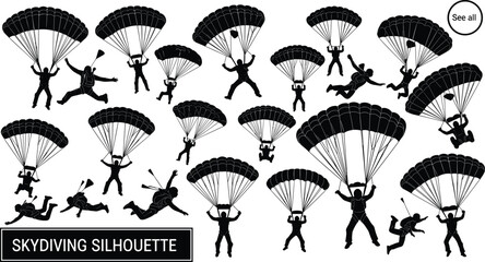 Professional Skydiving Silhouette Set Featuring Detailed Parachutists and Skydivers in Dynamic Mid-Air Formations and Descent Poses for Extreme Sports and Adventure Graphic DesignsProfessional Skydivi © Sonjoy