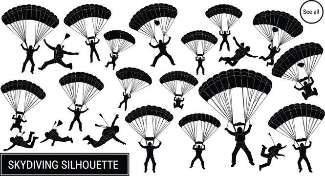 Professional Skydiving Silhouette Set Featuring Detailed Parachutists and Skydivers in Dynamic Mid-Air Formations and Descent Poses for Extreme Sports and Adventure Graphic DesignsProfessional Skydivi