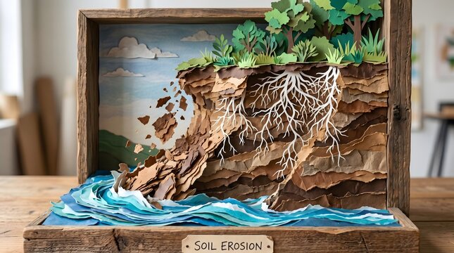 A layered paper diorama captures the silent unraveling of a landscape, where the roots of existence cling to a crumbling cliffside in a fragile battle against environmental erosion.