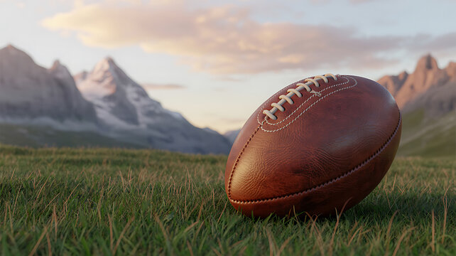 American football on grass field with mountain range in background at sunset