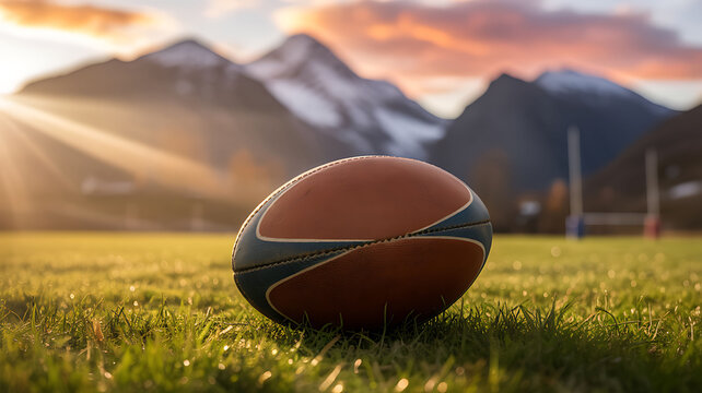 Rugby ball on green grass field with mountains in background at sunset