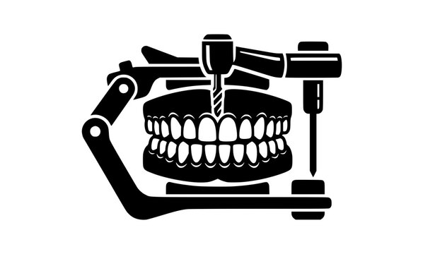 Dental articulator silhouette emblem with teeth and drill icon stomatology logo style vector isolated
