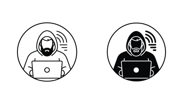 Hacker or anonymous software developer wearing a hoodie and using a laptop in a round icon set