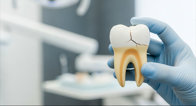 Dentist holding damaged tooth model showing crack and internal structure
