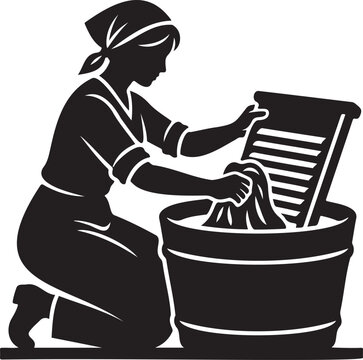 Woman washing clothes in tub with washboard silhouette, traditional laundry work illustration, vintage domestic cleaning scene vector, silhouette of female doing housework isolated for heritage and li