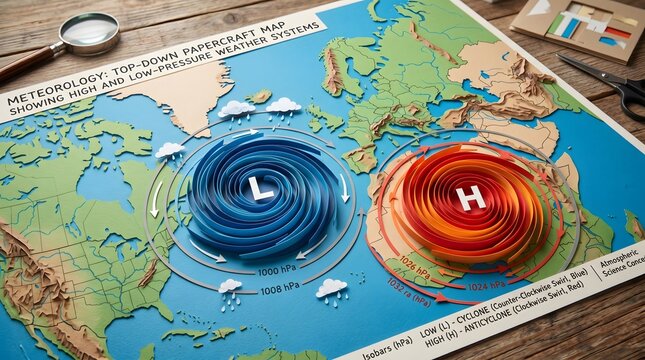 An educational papercraft globe unfolds the complex narrative of the skies, where textured swirls of blue and red paper personify the turbulent low and high pressure weather patterns.