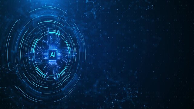 Blue AI circuit interface background glowing processor circular HUD rings, network nodes, data space. artificial intelligence videos, cyber intros, software promos, tech dashboards, digital overlays.