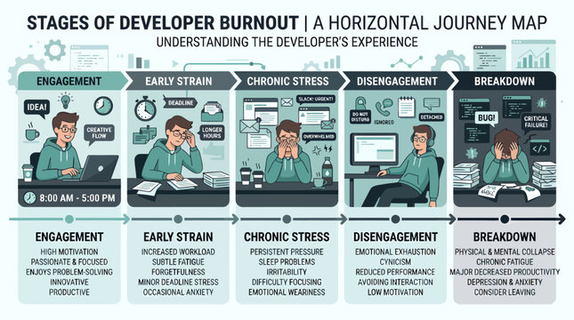 Stages of Developer Burnout horizontal journey map, mental health infographic for software engineers, chronic stress and breakdown timeline vector