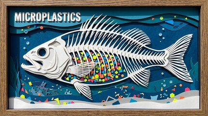 Intricate paper-cut art depicting a fish skeleton filled with colorful plastic shards, a chilling metaphor for the silent environmental catastrophe of microplastic pollution in our oceans.