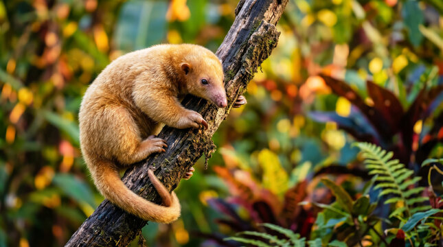 Silky anteater on tree branch close up with soft golden fur in jungle