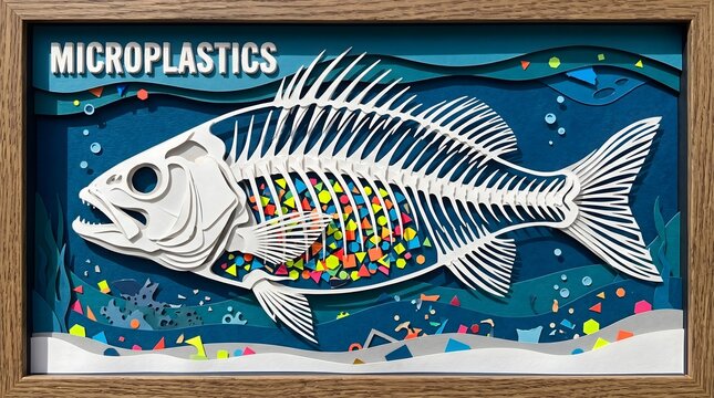Intricate paper-cut art depicting a fish skeleton filled with colorful plastic shards, a chilling metaphor for the silent environmental catastrophe of microplastic pollution in our oceans.