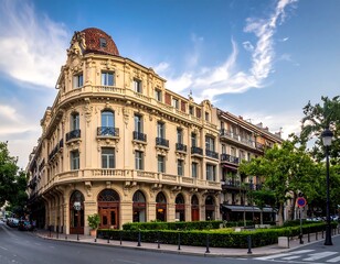 Fototapeta premium Elegant European building on a corner, with detailed architecture