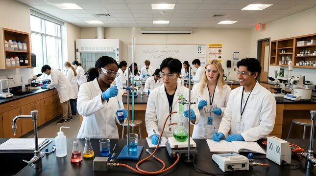 Multicultural students and teachers conducting chemistry and science experiments inside a modern laboratory classroom with scientific equipment and teamwork activities.