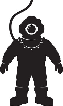 Vintage deep sea diver in old pressure suit and helmet silhouette isolated on white background scuba diving underwater exploration historical equipment marine research nautical adventure deep ocean pr