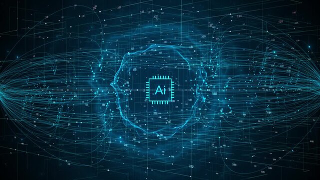 Futuristic artificial intelligence data flow neural connections digital signals forming a glowing network. technology innovation analytics machine learning presentations cyber security science
