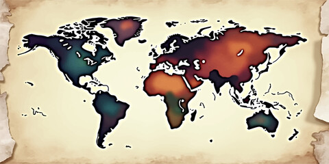 Vintage grunge world map illustration featuring a global atlas of continents like Asia and Europe on distressed paper texture for travel and geographic design © Alpha Designs