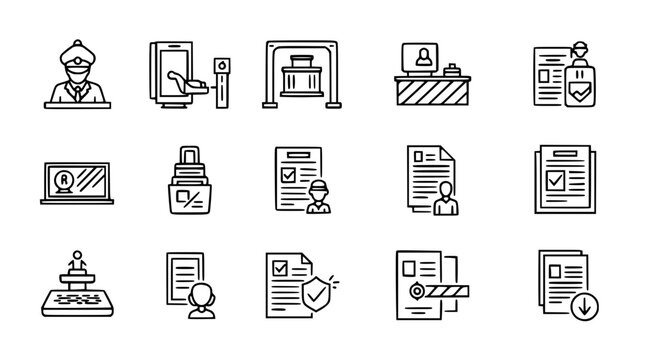 Airport security and travel documentation icon set featuring customs officer baggage scanner passport control identity verification and immigration clearance for international border and transport inf