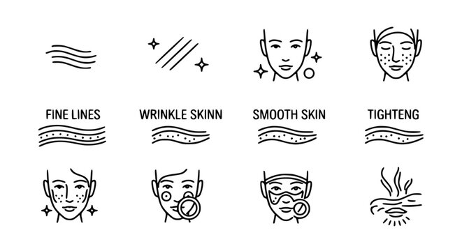 Skincare and anti aging treatment icon set featuring fine lines wrinkles smooth skin tightening and facial rejuvenation for cosmetic dermatology and beauty wellness infographics.