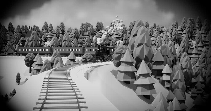 3d template design - Train, mountains and trees. Summer holiday. Time to travel. 3d render video.