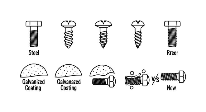 Industrial fasteners and metal hardware icon set featuring steel screws galvanized coating protection and rust comparison for construction engineering and home repair infographics.