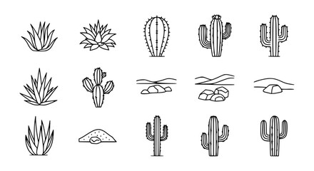 Desert flora icon set featuring various cactus species agave plants sand dunes and rocks for southwestern landscape nature exploration and arid environment infographics. © Sukhi