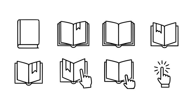 Education and library icon set featuring closed and open books with bookmarks and hands for online learning literature research and academic study infographics.