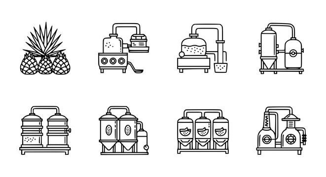 Industrial tequila and alcohol distillation process icon set featuring agave plants distillery equipment fermentation tanks and copper pot still for traditional spirit production infographics.